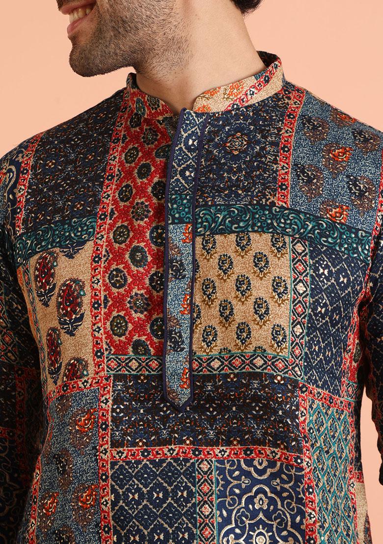 Multi Colour Printed Cotton Kurta Set For Men