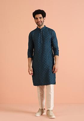 Blue Embroidered Cotton Kurta Set For Men