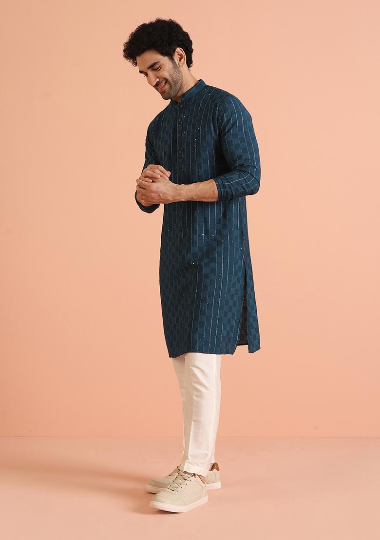 Blue Embroidered Cotton Kurta Set For Men