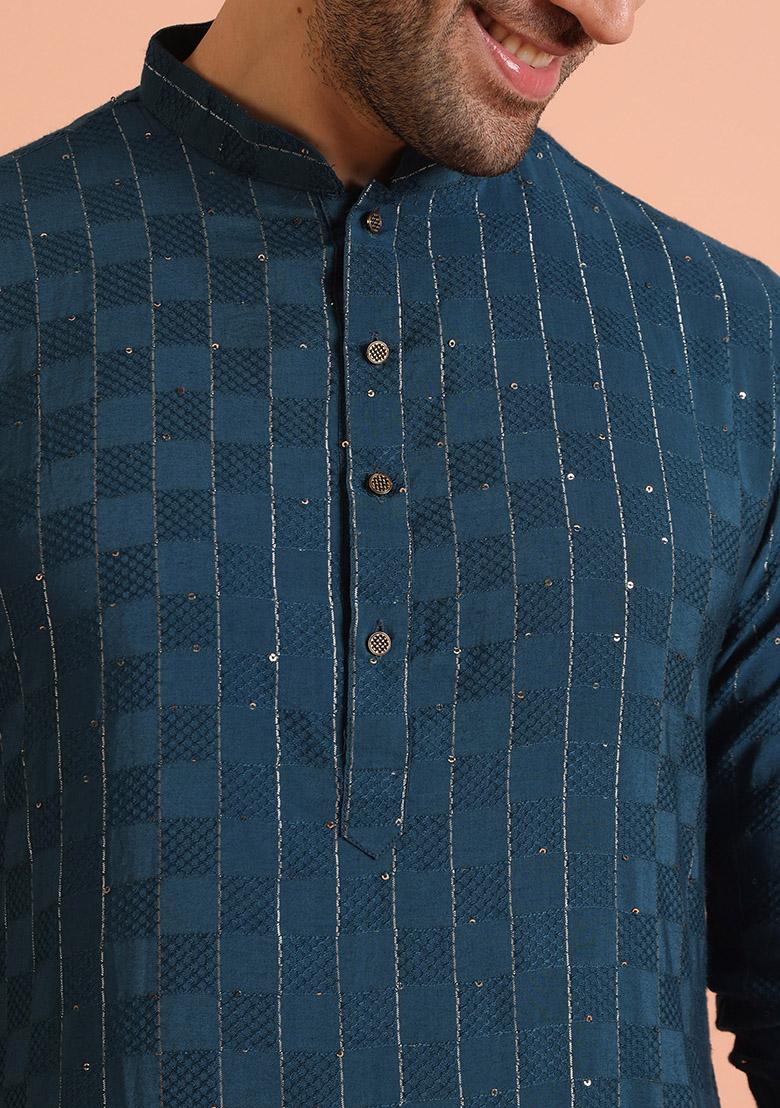 Blue Embroidered Cotton Kurta Set For Men