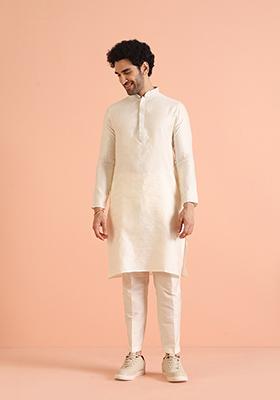 Off White Woven Design Silk Kurta Set For Men