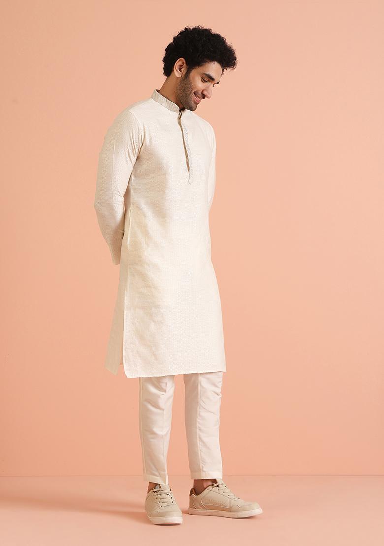 Off White Woven Design Silk Kurta Set For Men