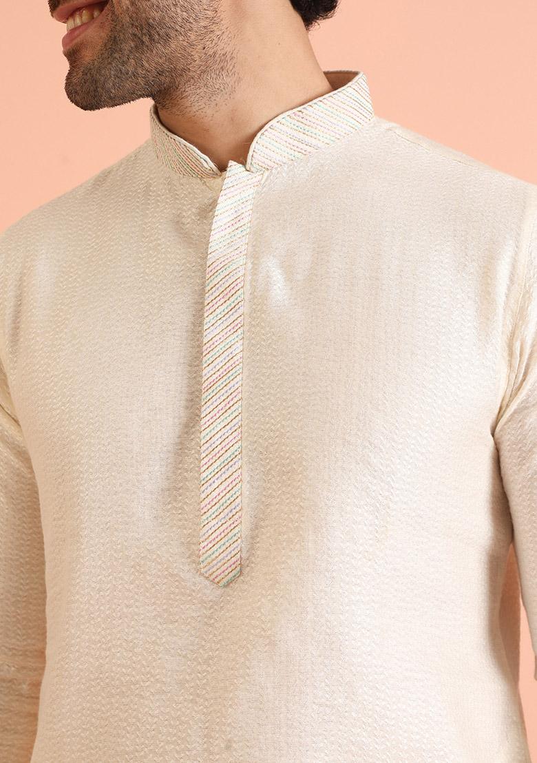 Off White Woven Design Silk Kurta Set For Men