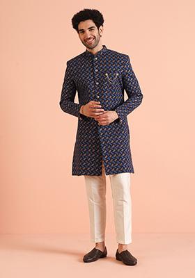 Navy Blue Printed Cotton Indo Western Sherwani Set For Men