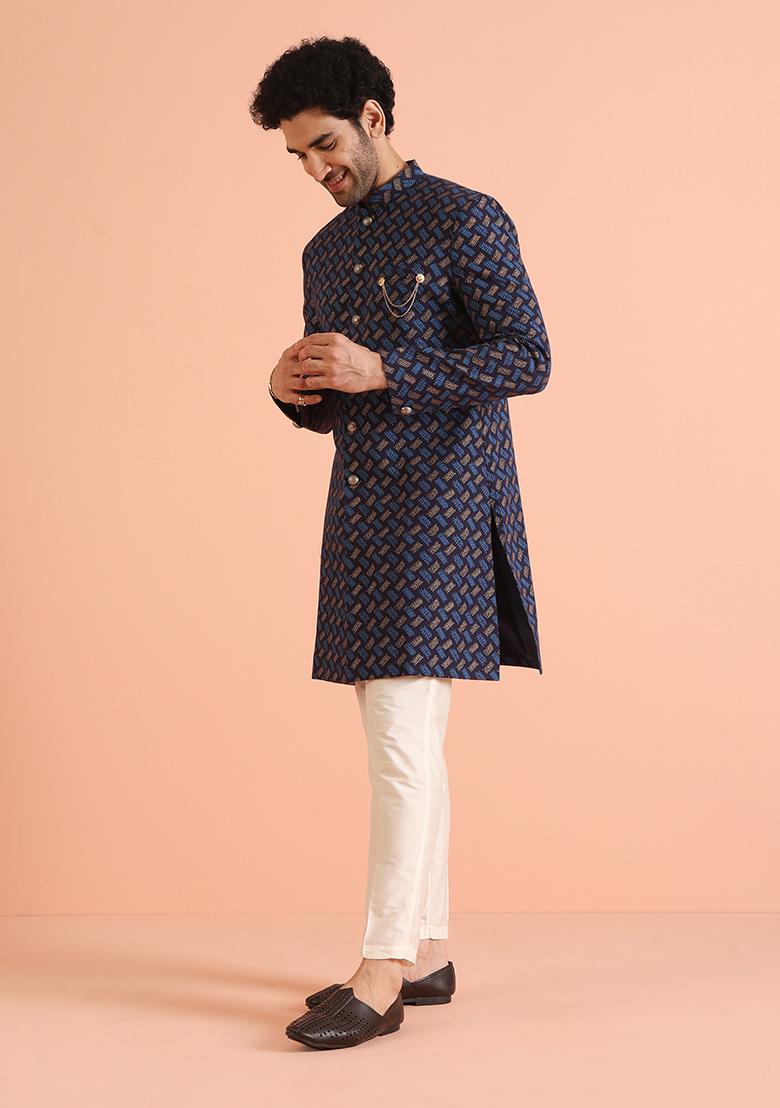 Navy Blue Printed Cotton Indo Western Sherwani Set For Men