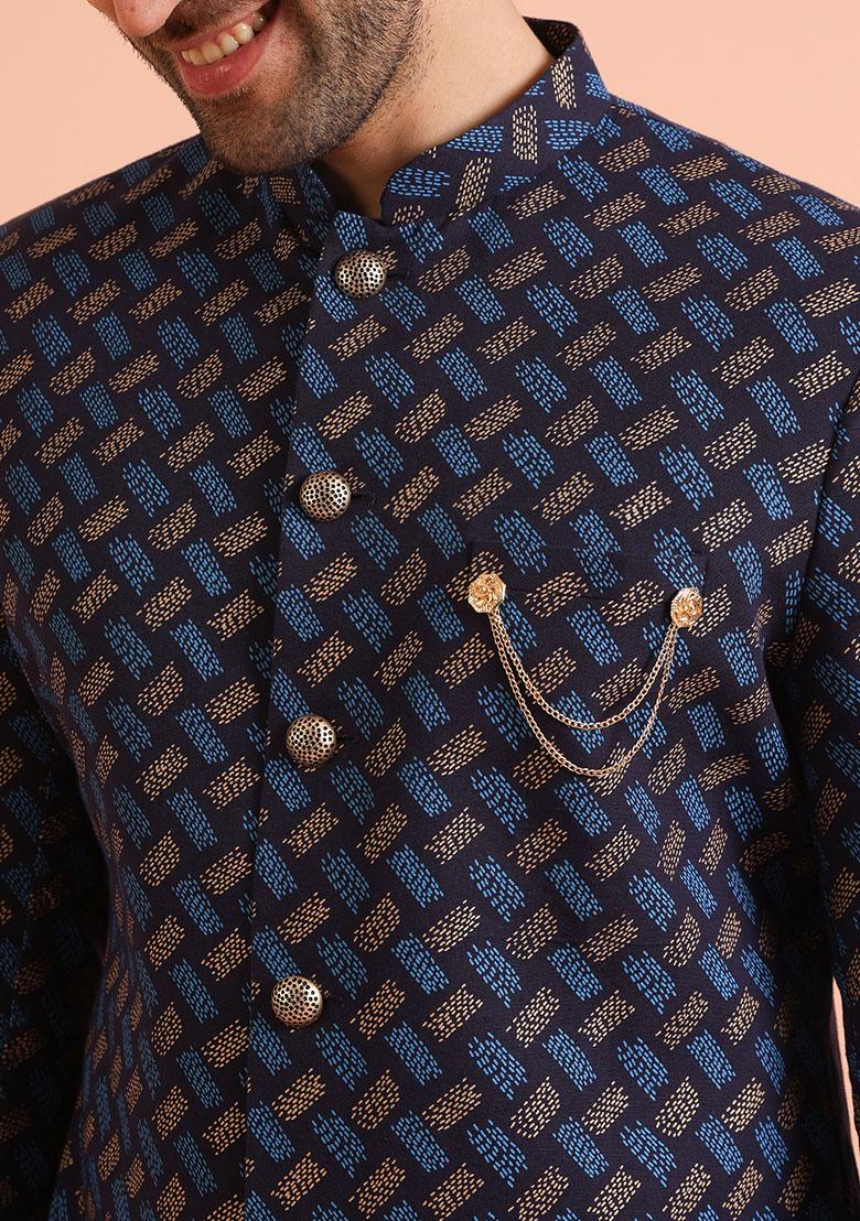 Navy Blue Printed Cotton Indo Western Sherwani Set For Men