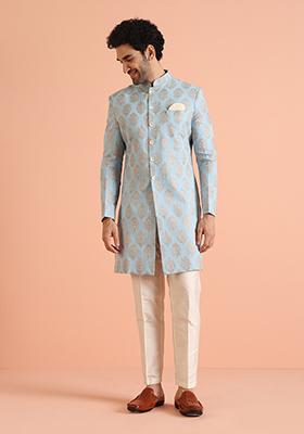 Blue Printed Cotton Indo Western Sherwani Set For Men