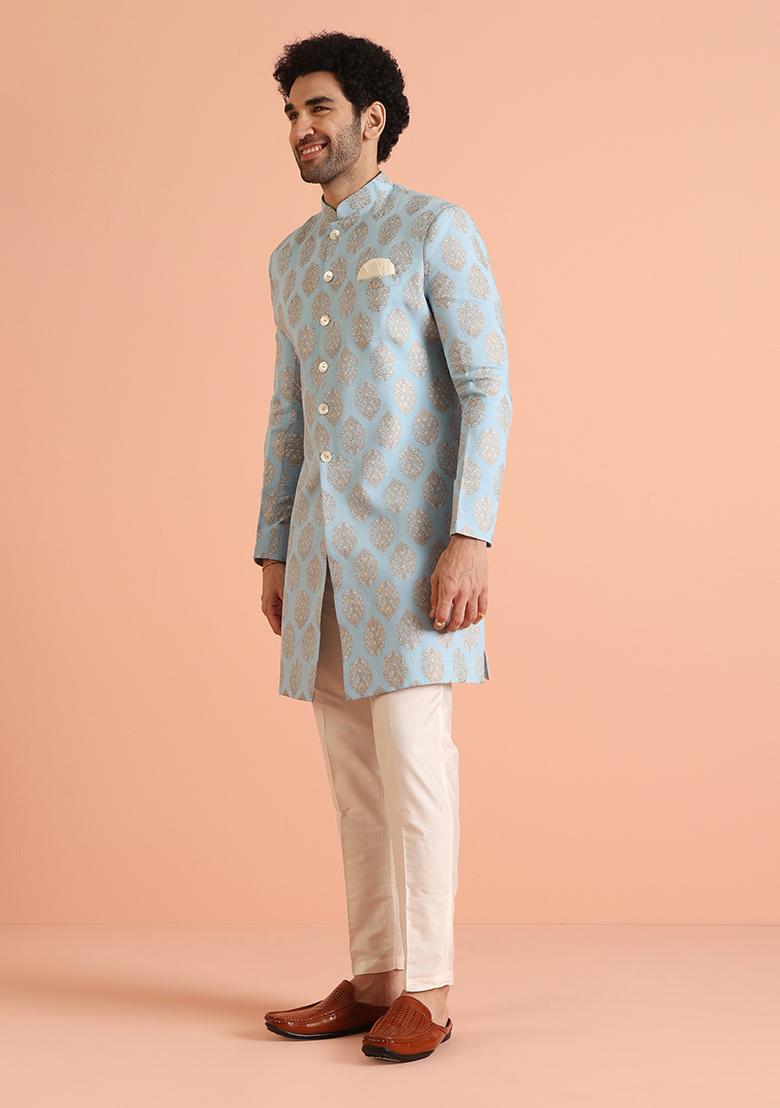 Blue Printed Cotton Indo Western Sherwani Set For Men