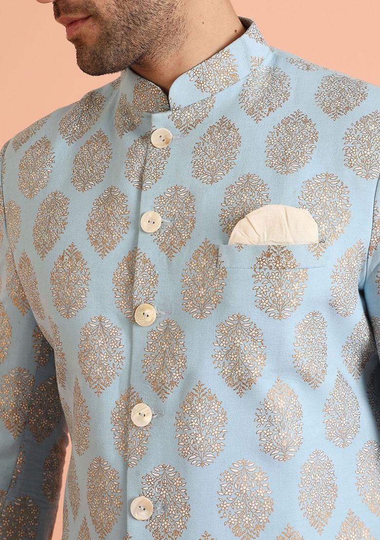 Blue Printed Cotton Indo Western Sherwani Set For Men