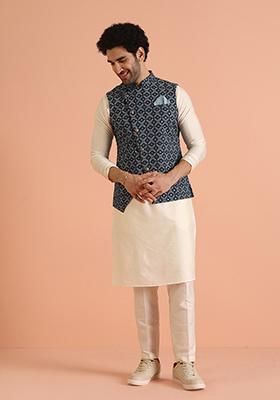 Blue Printed Cotton Nehru Jacket Set For Men