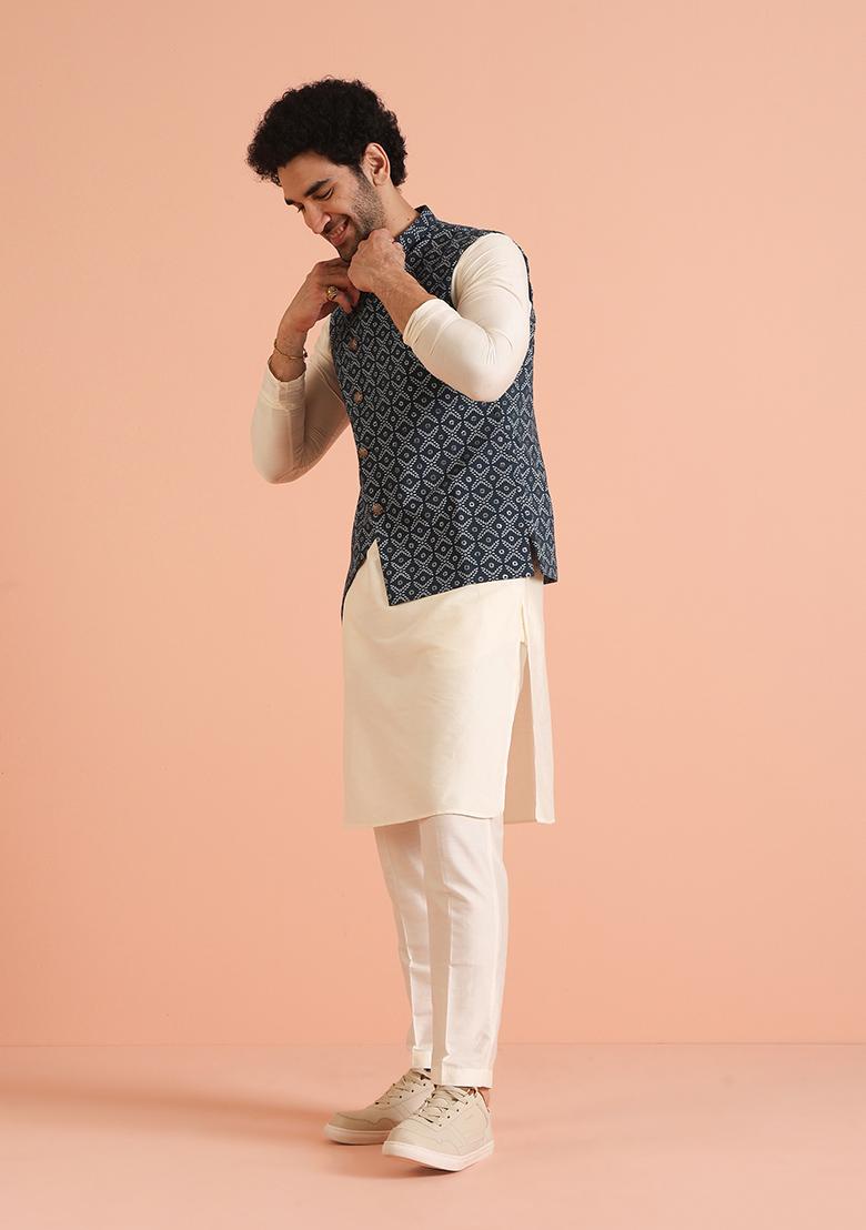 Blue Printed Cotton Nehru Jacket Set For Men