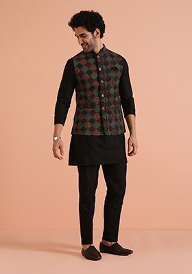Multi Colour Printed Cotton Nehru Jacket Set For Men