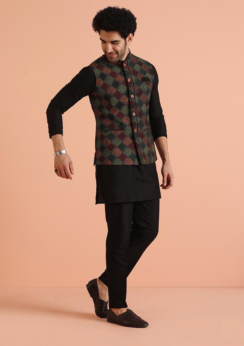Multi Colour Printed Cotton Nehru Jacket Set For Men