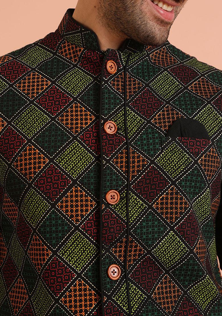 Multi Colour Printed Cotton Nehru Jacket Set For Men