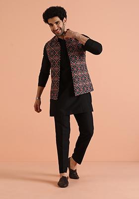Multi Colour Printed Cotton Nehru Jacket Set For Men