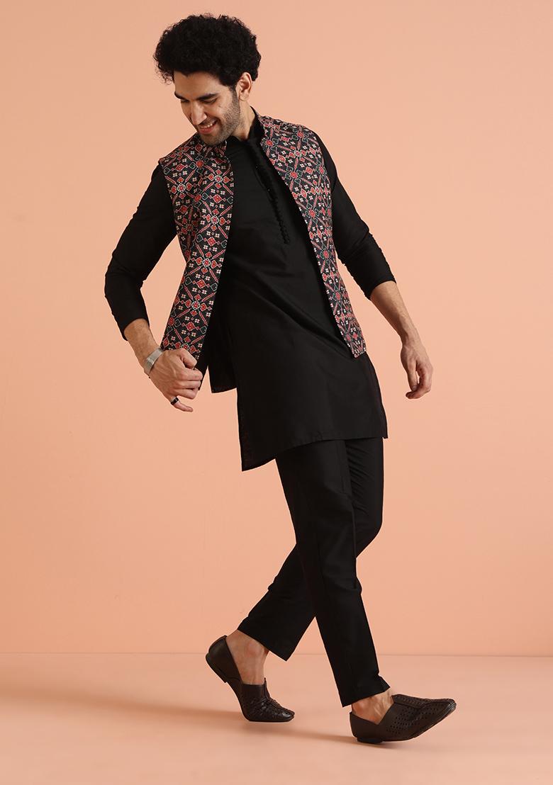 Multi Colour Printed Cotton Nehru Jacket Set For Men