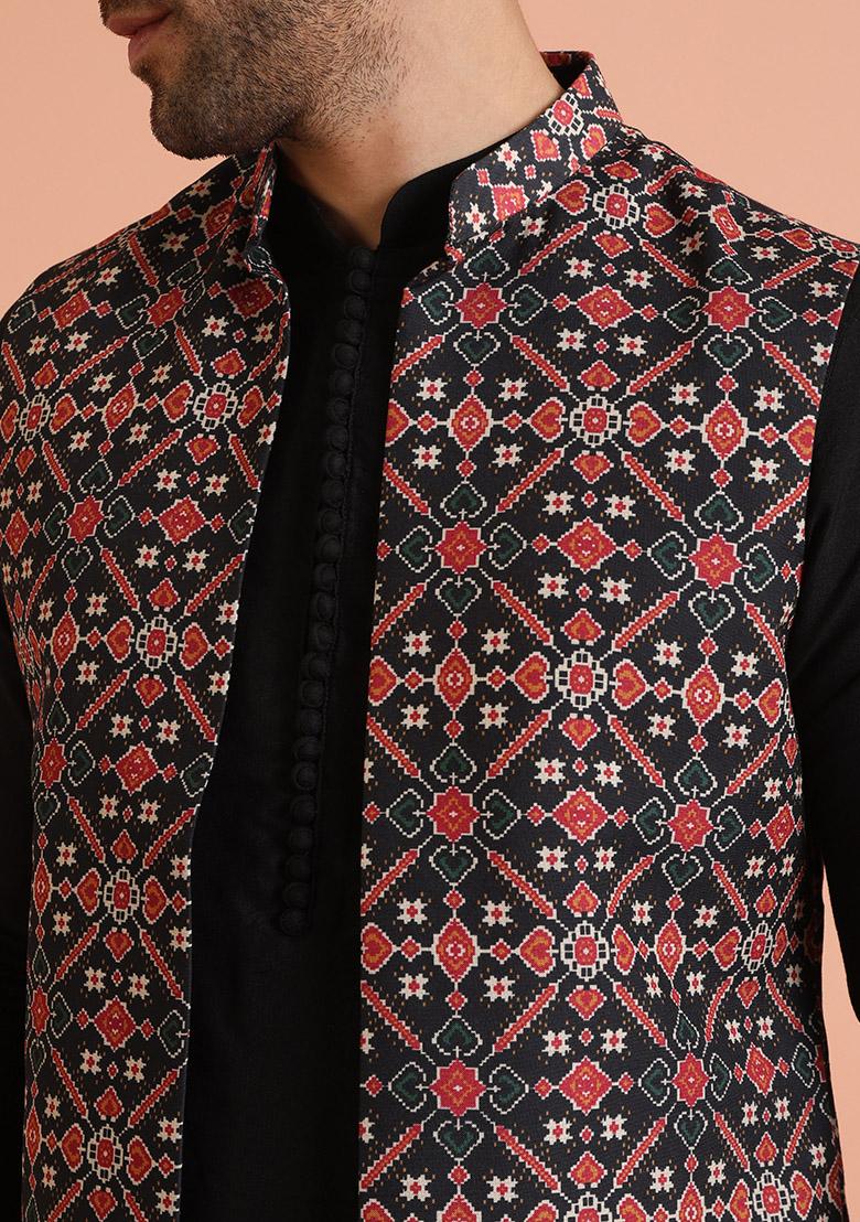 Multi Colour Printed Cotton Nehru Jacket Set For Men