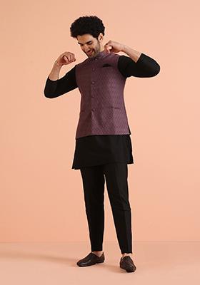 Mauve Woven Design Silk Nehru Jacket Set For Men