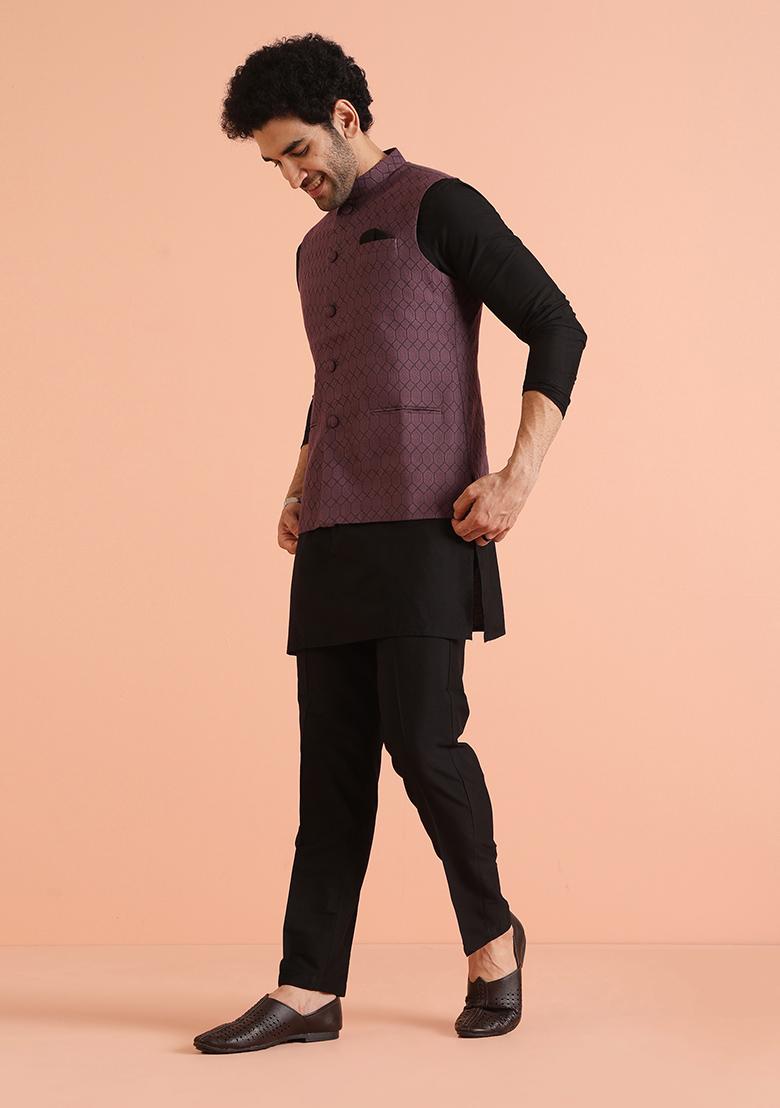 Mauve Woven Design Silk Nehru Jacket Set For Men