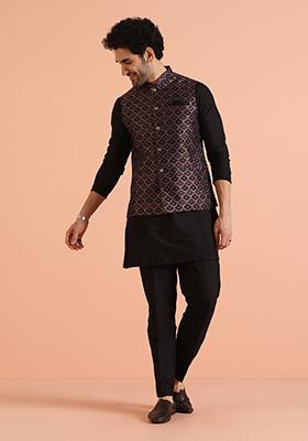 Purple Woven Design Silk Nehru Jacket Set For Men