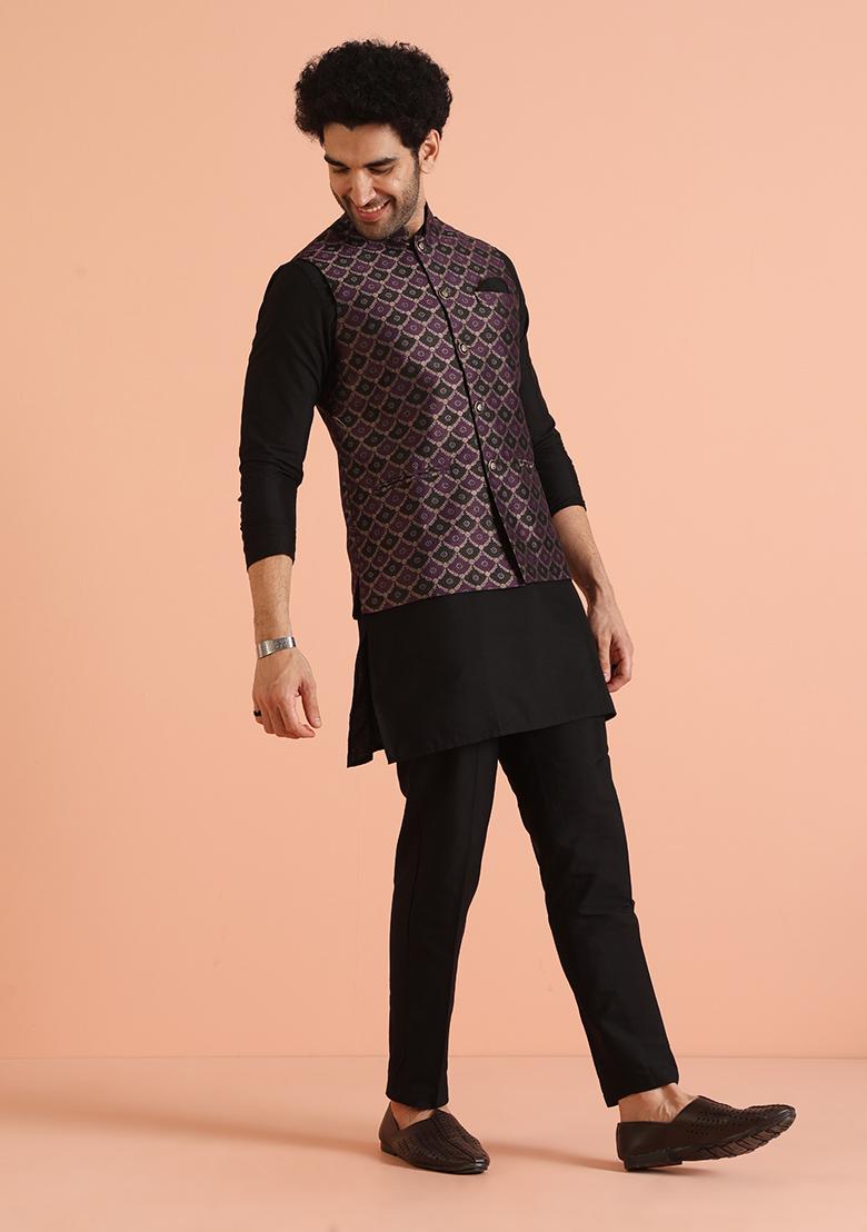 Purple Woven Design Silk Nehru Jacket Set For Men