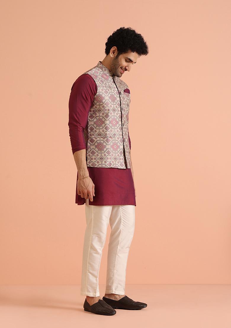 Grey Printed Cotton Nehru Jacket Set For Men