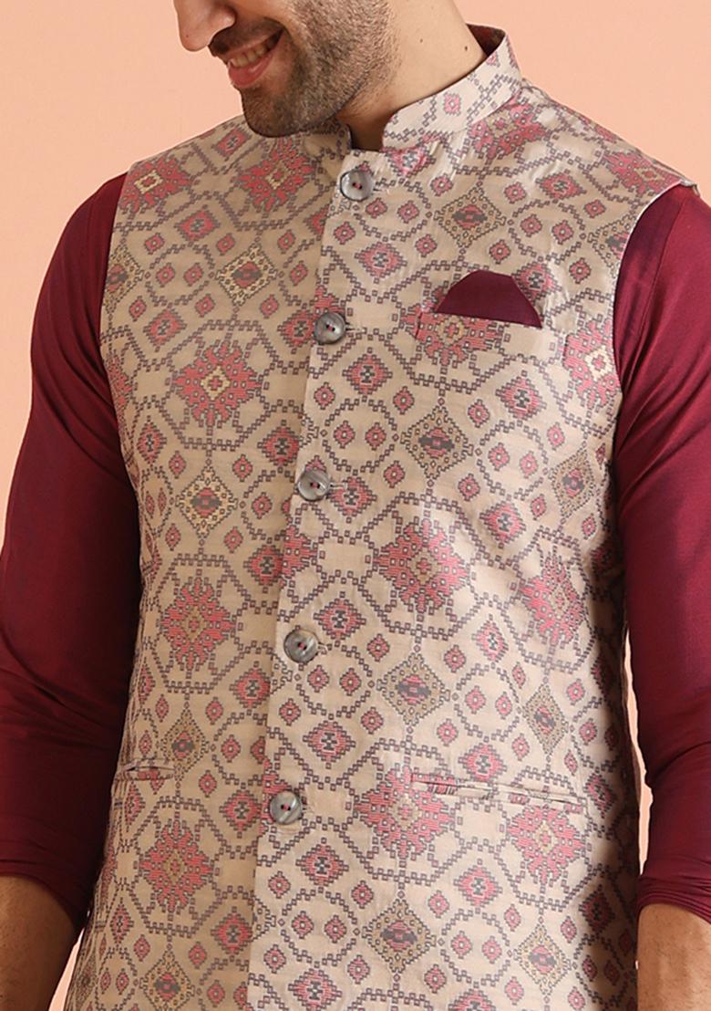 Grey Printed Cotton Nehru Jacket Set For Men