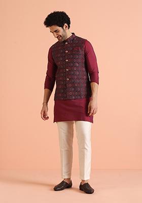 Multi Colour Woven Design Silk Nehru Jacket Set For Men