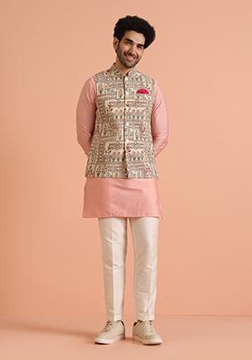 Multi Colour Printed Cotton Nehru Jacket Set For Men