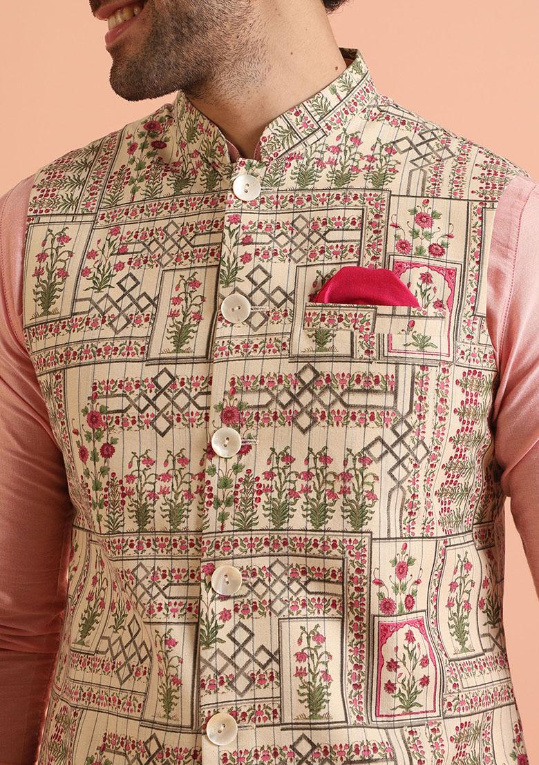 Multi Colour Printed Cotton Nehru Jacket Set For Men