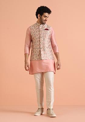 Multi Colour Woven Design Silk Nehru Jacket Set For Men