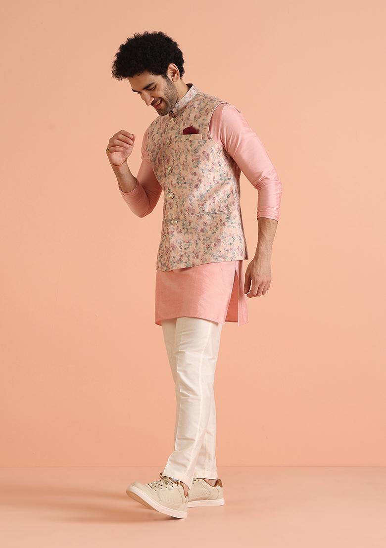 Multi Colour Woven Design Silk Nehru Jacket Set For Men