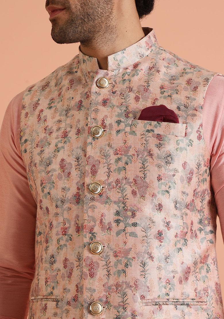 Multi Colour Woven Design Silk Nehru Jacket Set For Men