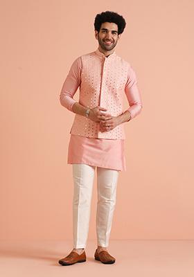 Pink Embroidered Silk Nehru Jacket Set For Men
