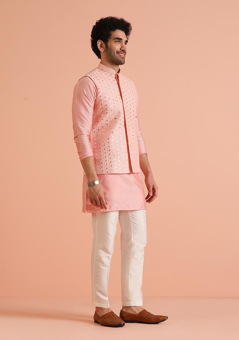 Pink Embroidered Silk Nehru Jacket Set For Men