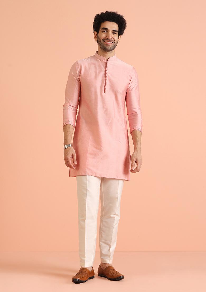 Pink Embroidered Silk Nehru Jacket Set For Men