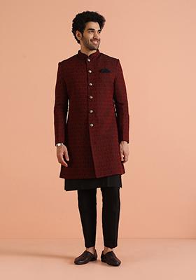 Maroon Woven Design Silk Indo Western Sherwani Set For Men