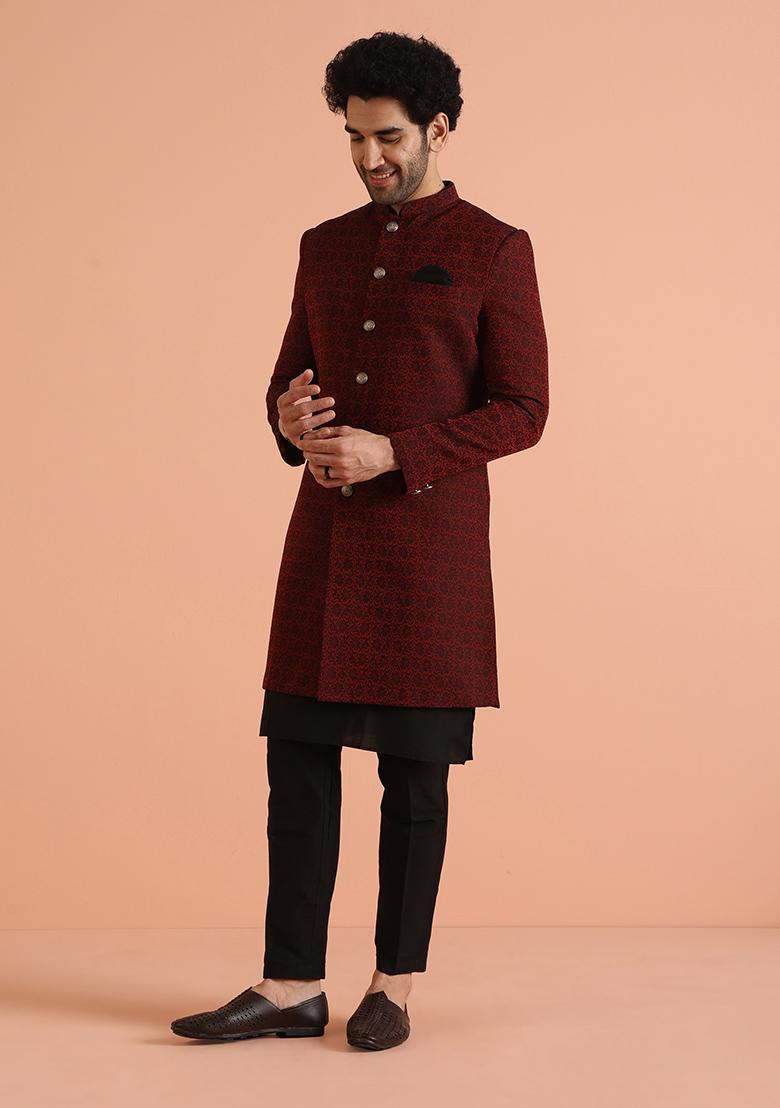Maroon Woven Design Silk Indo Western Sherwani Set For Men