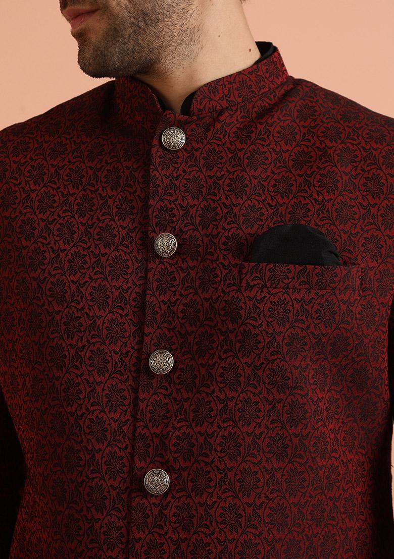Maroon Woven Design Silk Indo Western Sherwani Set For Men