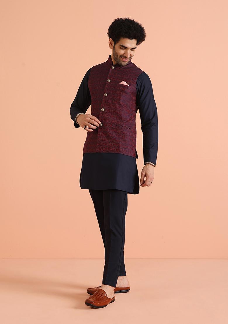 Magenta Woven Design Silk Nehru Jacket Set For Men
