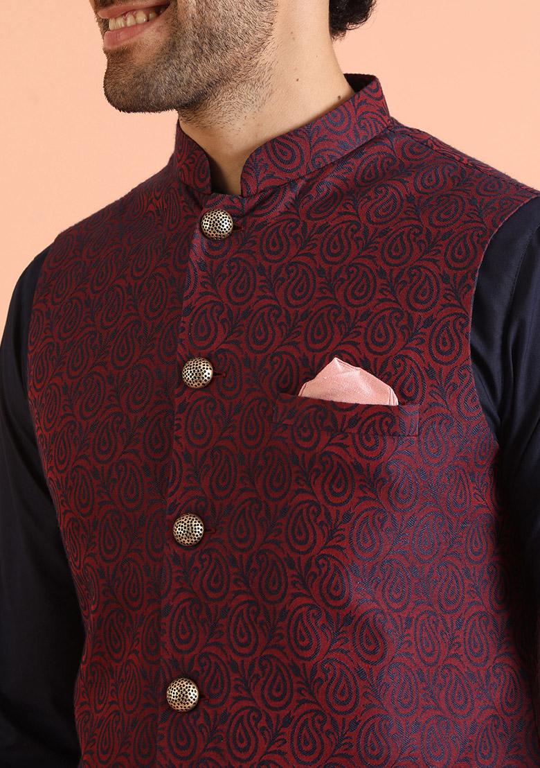 Magenta Woven Design Silk Nehru Jacket Set For Men