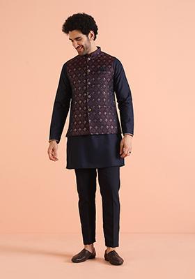 Navy Blue Woven Design Silk Nehru Jacket Set For Men