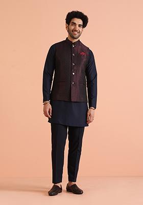 Purple Woven Design Silk Nehru Jacket Set For Men