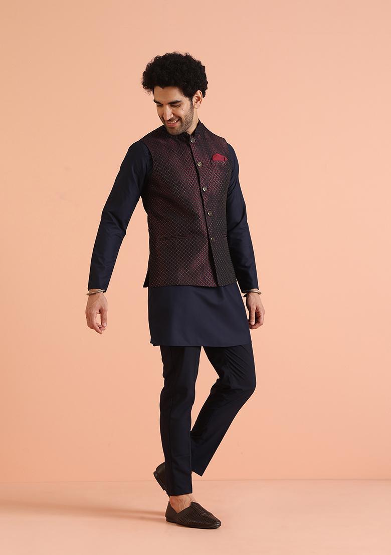 Purple Woven Design Silk Nehru Jacket Set For Men