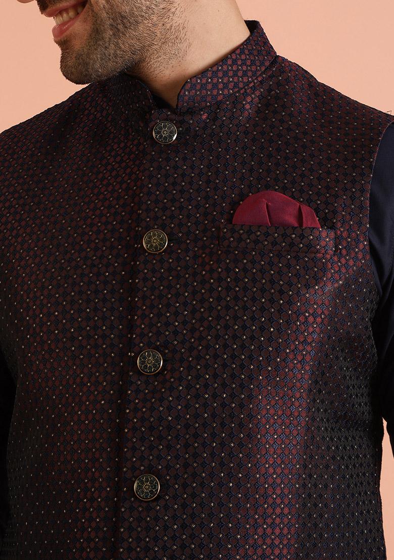 Purple Woven Design Silk Nehru Jacket Set For Men