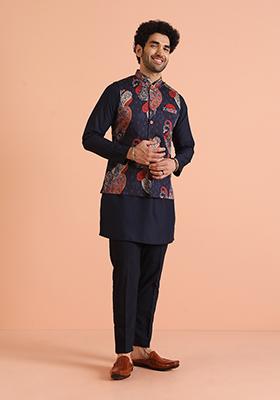 Navy Blue Printed Cotton Nehru Jacket Set For Men