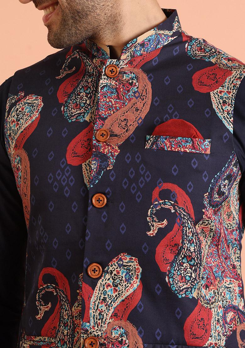 Navy Blue Printed Cotton Nehru Jacket Set For Men