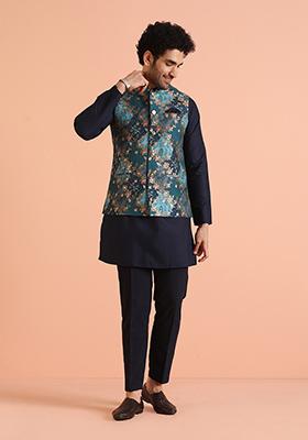Green Woven Design Silk Nehru Jacket Set For Men