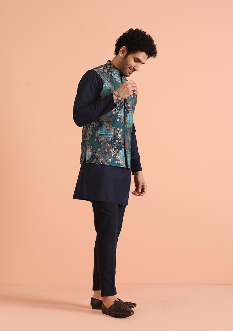 Green Woven Design Silk Nehru Jacket Set For Men
