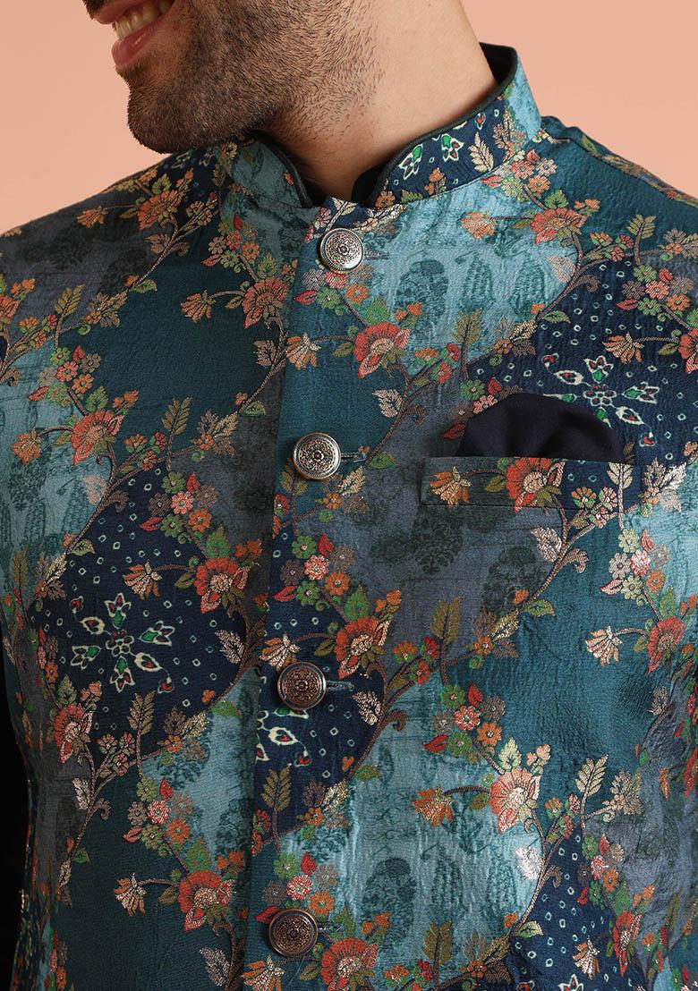 Green Woven Design Silk Nehru Jacket Set For Men